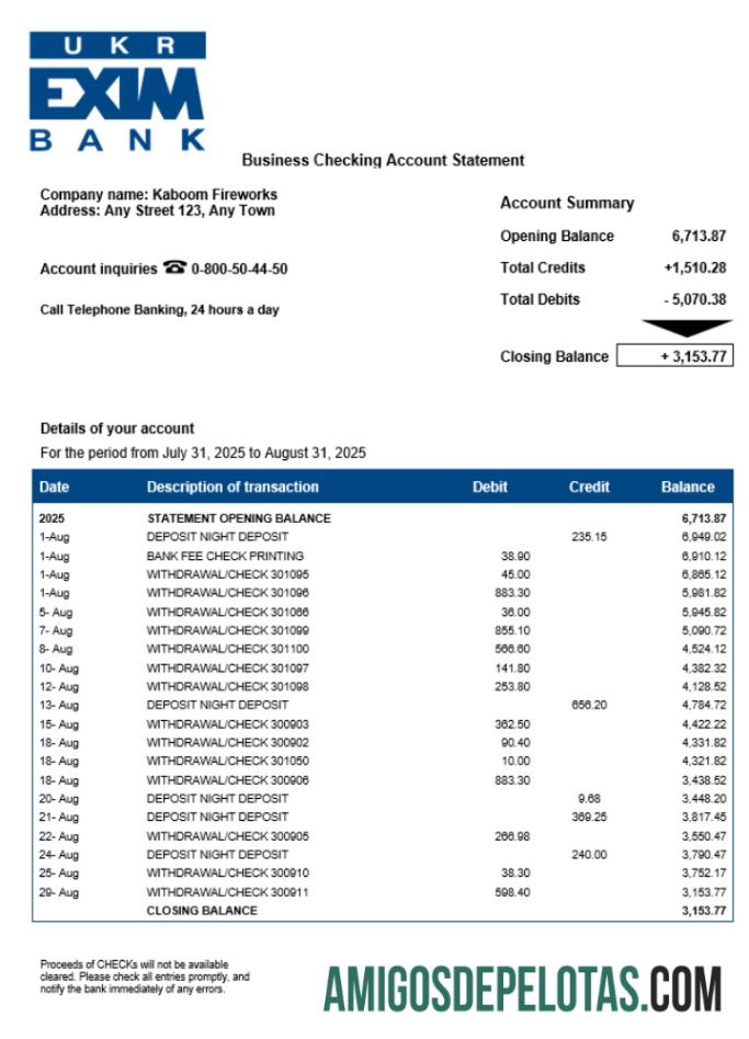 Baixável Ukreximbank Ukreximbank Business Checking modelo de extrato de conta Word e PDF